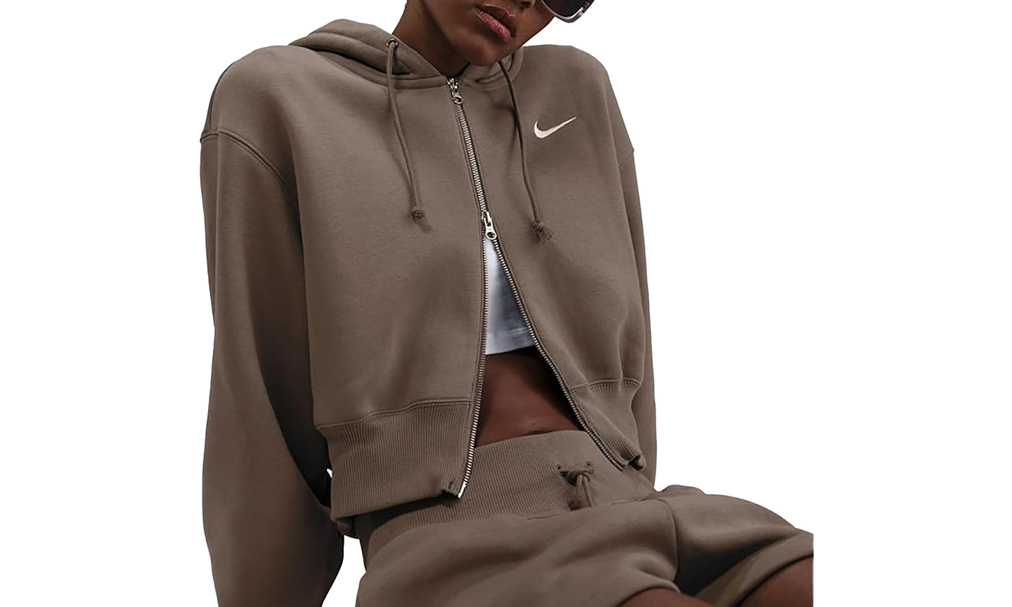 Phoenix Fleece Loose Cropped Full Zip Hoodie "Mink Brown"